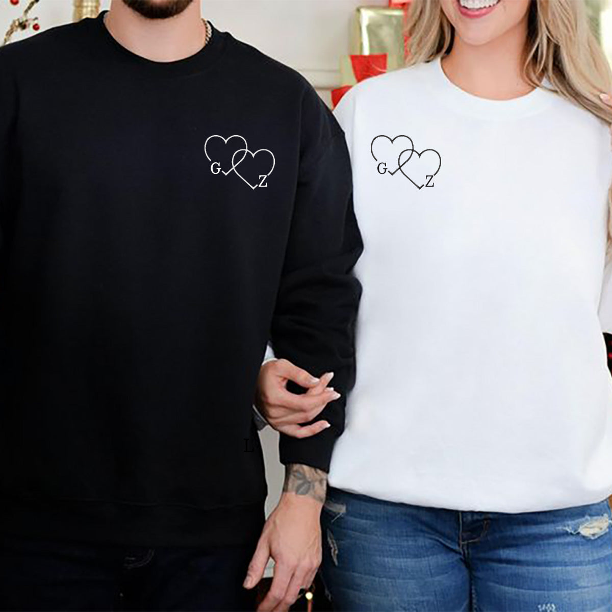 Personalized Embroidery - Double Heart + Letters - Sweatshirt - Hoodie - T-shirt